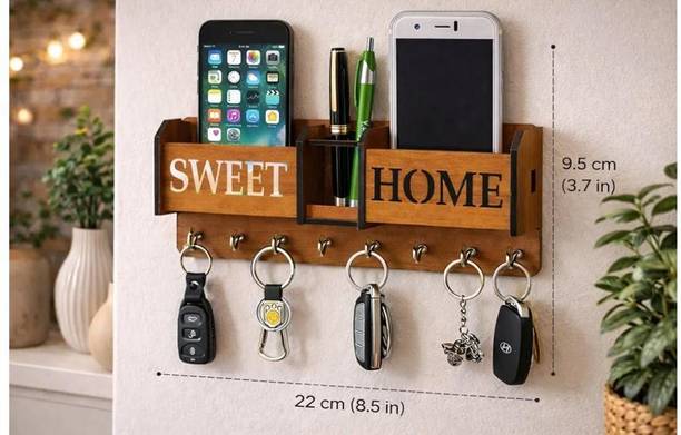 VAANYA Multipurpose Key Organizer Rack for Home Entrance, Office, Living Room (6 Hooks) Wood Key Holder