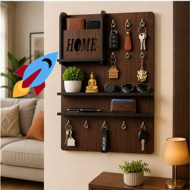 SUSOBHIT WOODEN Wooden Key Rack with Storage Shelf for Wallet Mobile and House K