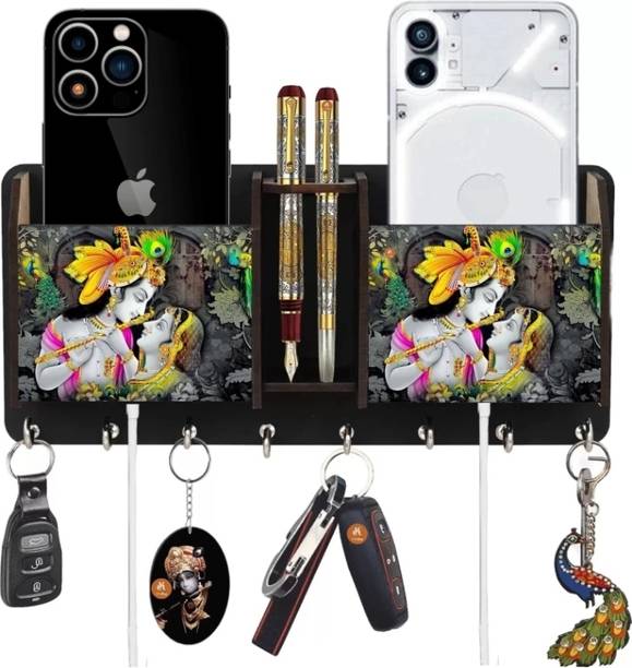 Khushansh Crafts Printed Radha krishna wooden key holders with two pockets and pen holder Wood Key Holder