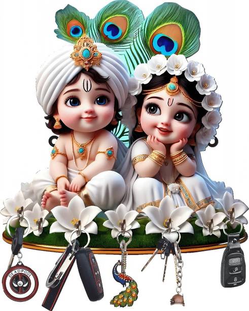 HOMBLI HOMBLI Baby Radha Krishna Floral Key Holder for Wall Wood Key Holder