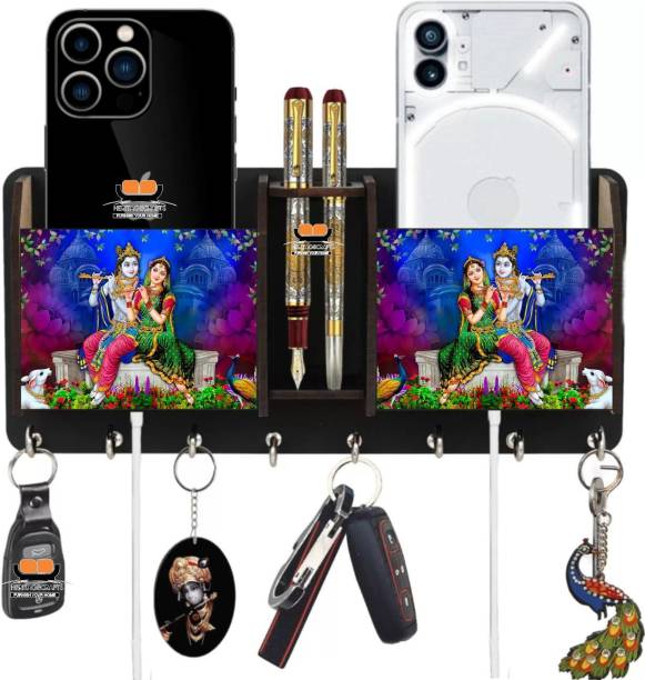 Heritagecrafts Radha krishna Unique Wooden 2 Pocket Mobile and Pen holder 8 Hooks Wood Key Holder