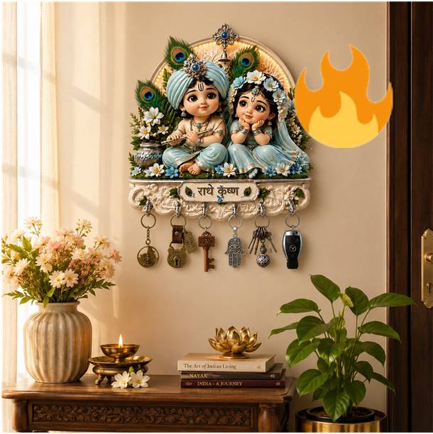 Gulsan Store Radha Krishna Wooden Key Holder for Wall | MDF Home Decor with 6 Ho