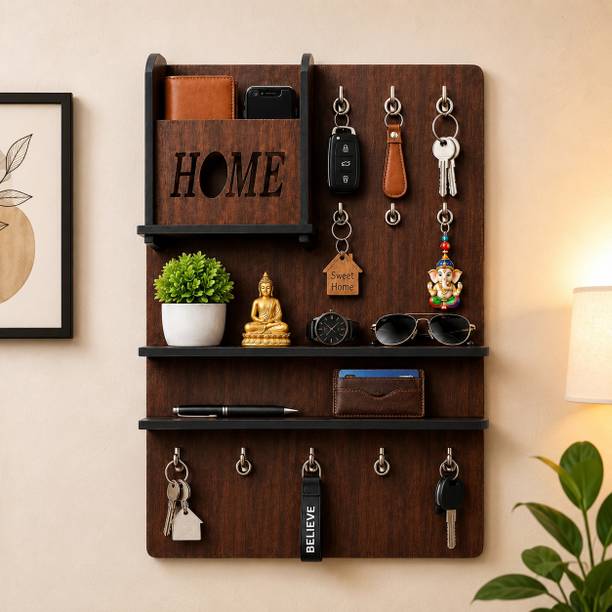 Wooden World Wooden Wall Mounted Key Holder Organizer Rack with Shelf & 10 Hooks