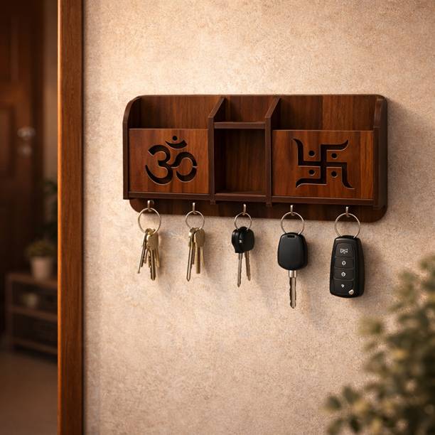 ZoonieceArt Wooden Key Holder for Wall with Center Slot | Om Swastik Design Decorative Wood Key Holder