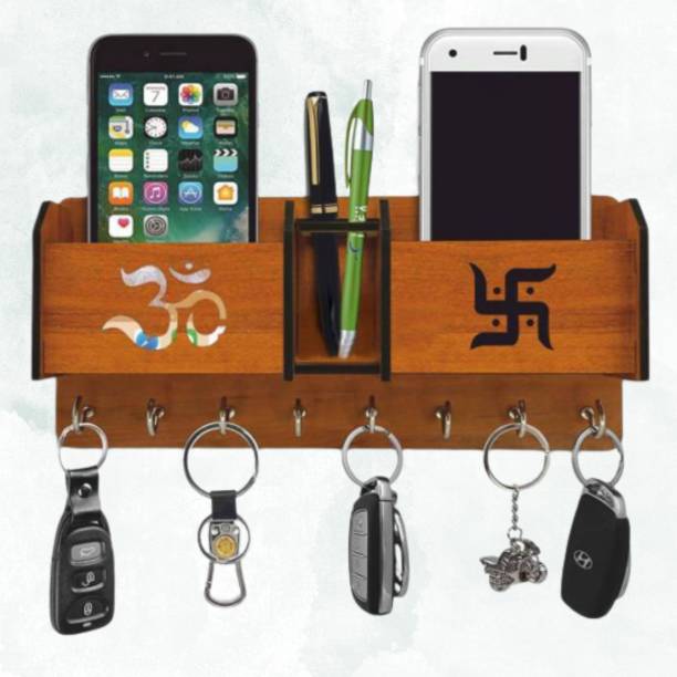 KK CRAFT Om Swastik Wooden Key Holder With Two Storage Box Wood Key Holder