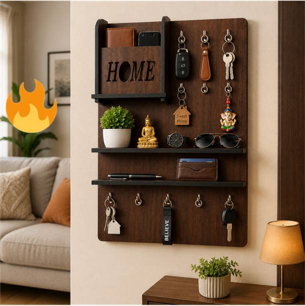 SUSOBHIT WOODEN Wooden Home Utility Organizer with Key Holder and Storage Shelf 