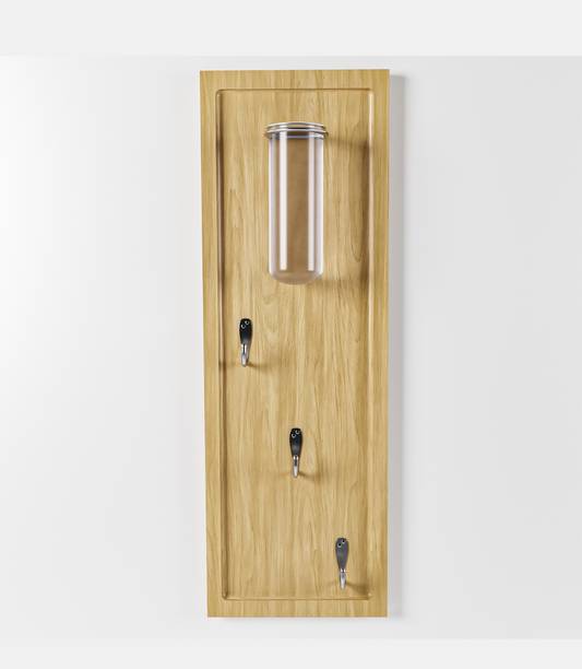 Parampara Wooden Plank with Glass Tube & Metal Hooks: Wood, Iron, Glass Key Holder