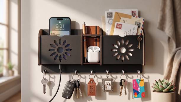 DJR LASER ARTS Floral Bloom Key Holder for Home | 2 Storage Pockets & 1 Open Compartment Wood Key Holder
