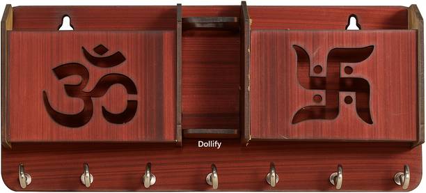 DOLLIFY Om Swastik 2 Pocket Pen Stand 7 Hook Wood Key Holder Wood Key Holder