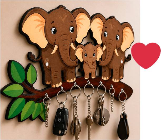 Gulsan Store Wooden Elephant Family Key Holder with 6 Hooks | Wall Mounted MDF K