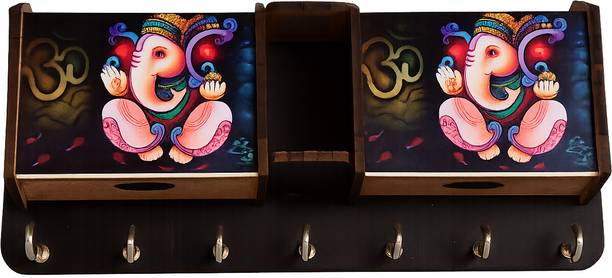 DOLLIFY KeyHolder Ganesh Ji 2 Pocket Pen Stand 7 Hook Wood Key Holder