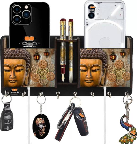 Heritagecrafts Designer Buddha Wooden 2 Pocket Mobile and Pen holder 8 Hooks Wood Key Holder