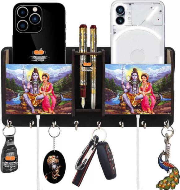 Heritagecrafts Shiv Parvati Wooden 2 Pocket Mobile and Pen holder 8 Hooks Wood Key Holder