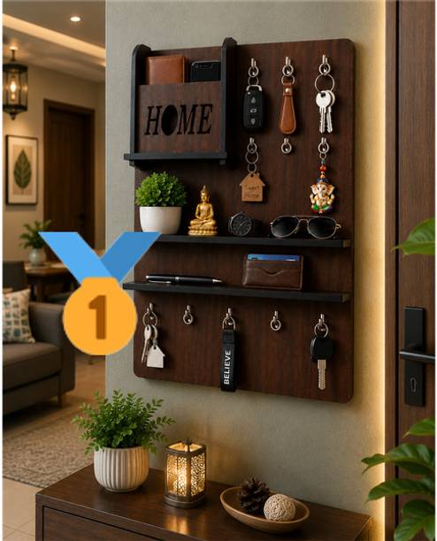 Sobhit Keyholders Wooden Wall Mounted Key Holder with Shelf | Home Organizer | B