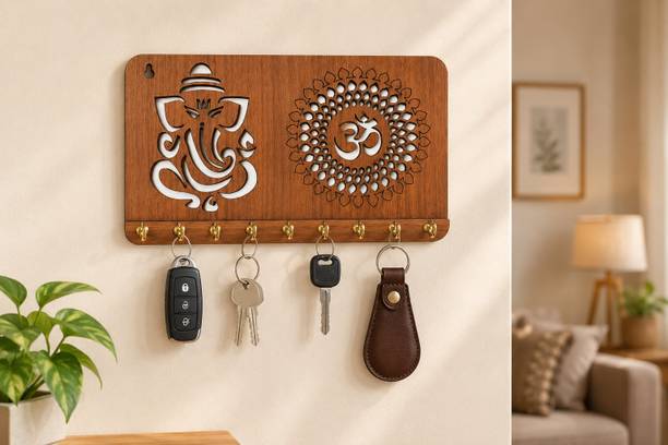 Simmi Craft Store Divine Ganesha & Om Wooden Key Holder for Wall – 8 Hooks Wood Key Holder