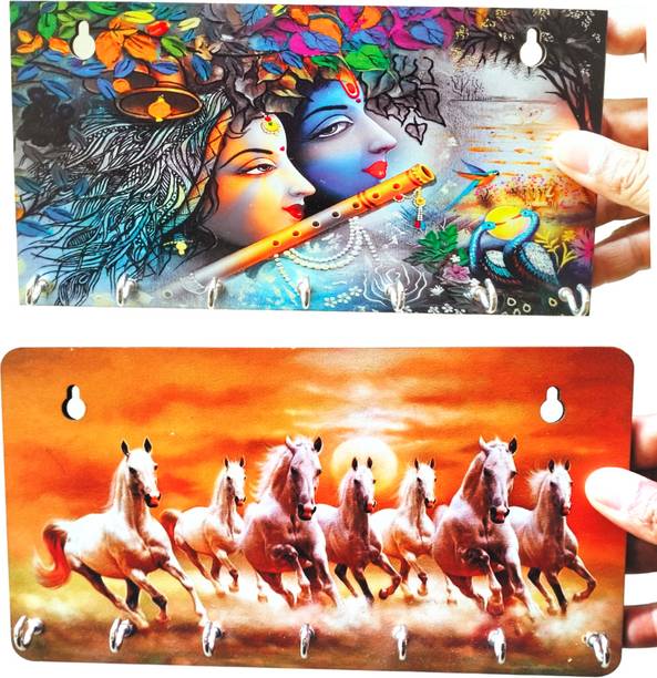 Sohibe Radha Krishna and 7 Horse Stylish Pack of 2 Wood Key Holder