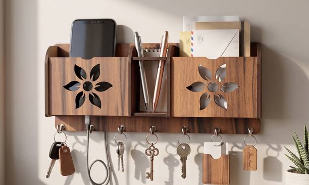 DJR LASER ARTS Noir-Petal Multi-Functional Organizer Dual For Mail & Document + Center Pen Wood Key Holder