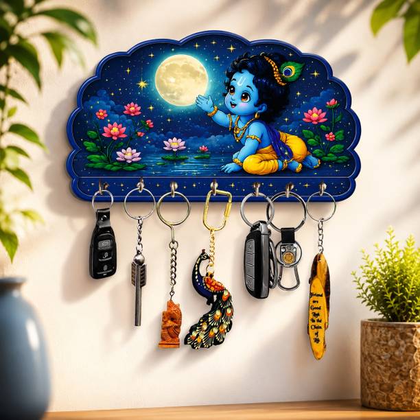 हार्मोसो Premium Bal Krishna Moon Theme Decorative Wooden Wall Mounted Key Holder लकड़ी की होल्डर
