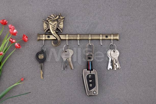 HOMEDECK Ganesh Key Stand with Diamond | Antique Ganpati Metal Wall Hanger Brass Key Holder