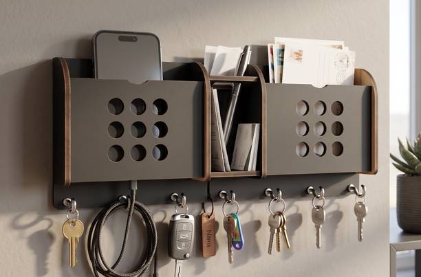 DJR LASER ARTS Dot-Grid Premium Key holder With 2 Storage Pocket & 1 Open Compartment Wood Key Holder