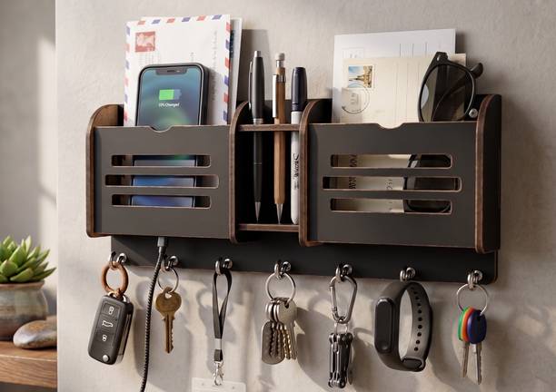 DJR LASER ARTS Minimalist Stripe Premium Key holder With 2 Storage & 1 Open Compartment Wood Key Holder