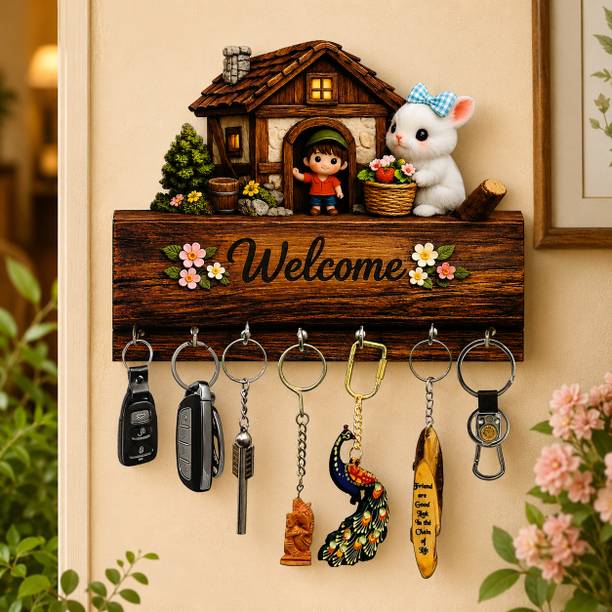 Harmoso Welcome Wooden Wall Key Holder with 7 Hooks Wood Key Holder