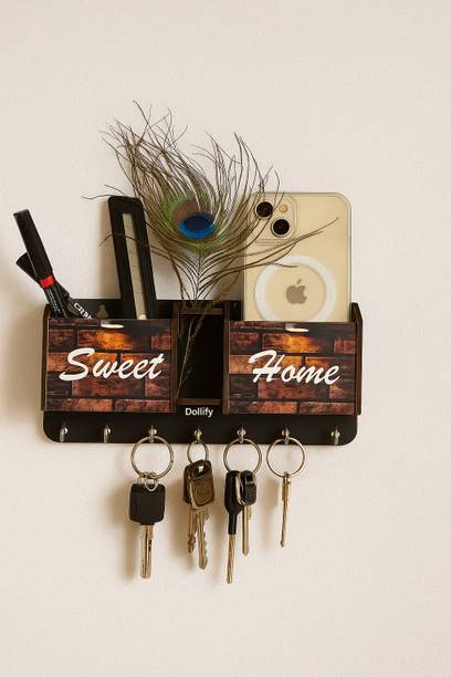 DOLLIFY Sweet Home Print Key Holder 2 Pocket Pen Stand Wood Key Holder