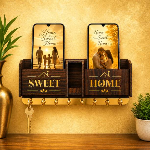 Casa D Oro Wooden Sweet Home Key Holder For Wall with Mobile Stand For Home Decor Acrylic, Brass, Wood Key Holder