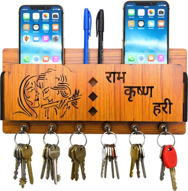 woodenmakes Radha Krishna Key Stand for Wall Mobile Holder Wooden Key Rack Wood 