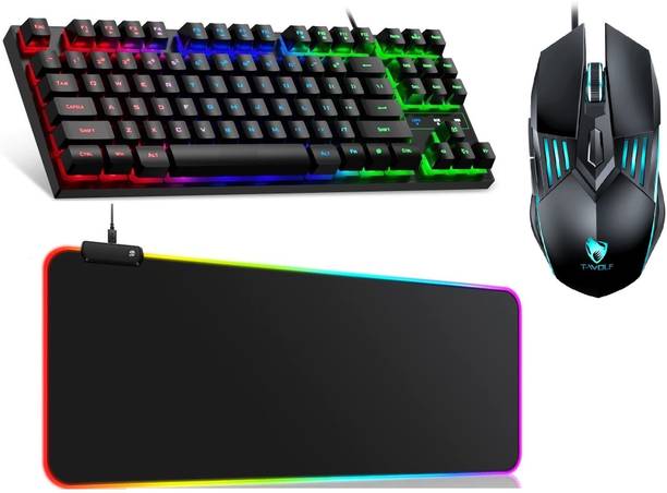 FKU GameStop Gaming Mechanical With LED Mouse Pad N TWOLF Mouse Wired USB Laptop-size Gaming Keyboard Compatible with Desktop, Laptop, Mac
