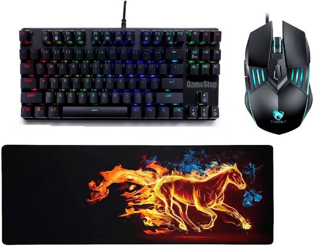 FKU GameStop Gaming Mechanical With Horse Mouse Pad T-WOLF Mouse Wired USB Laptop-size Gaming Keyboard Compatible with Desktop, Laptop, Mac