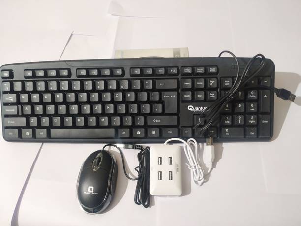 Quantron QKB-11 - KEYBOARD +QMU-540 WIRED MOUSE+QUH -220 USB HUB 4 PORT). Wired USB Standard Laptop Keyboard Compatible with Desktop, Laptop, Mac