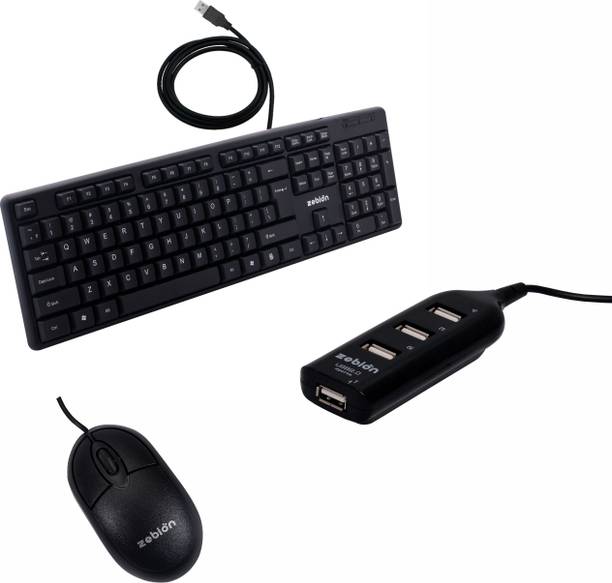 zebion K500 keyboard + Elfin Mouse + Pronot 101 USB hub (Pack of 3) Wired USB Standard Multi-device Keyboard Compatible with Desktop, Laptop, Mac Easy to Use,Plug and Play,Quick, Comfy Durable body