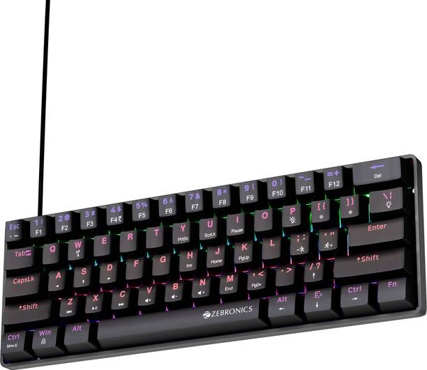 ZEBRONICS ZEB-MK1 Wired USB Tenkeyless Gaming Keyboard Compatible with Desktop, Laptop, Mac Silent linear Red Switches, 26 Anti Ghosting, Double shot KeyCaps, 17 LED Modes, 61 keys,Mechanical