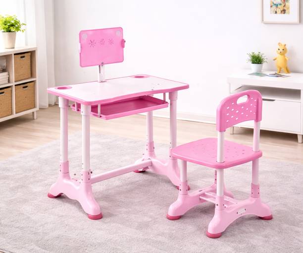 mlu Adjustable Kids Study Table and Chair Set with Book Holder & Storage Plastic Study Table