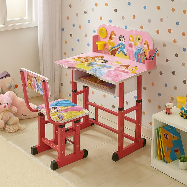 LADDOO Kids Study Table & Chair Set – Adjustable Height, Princess Printed Study Desk Metal Desk Chair