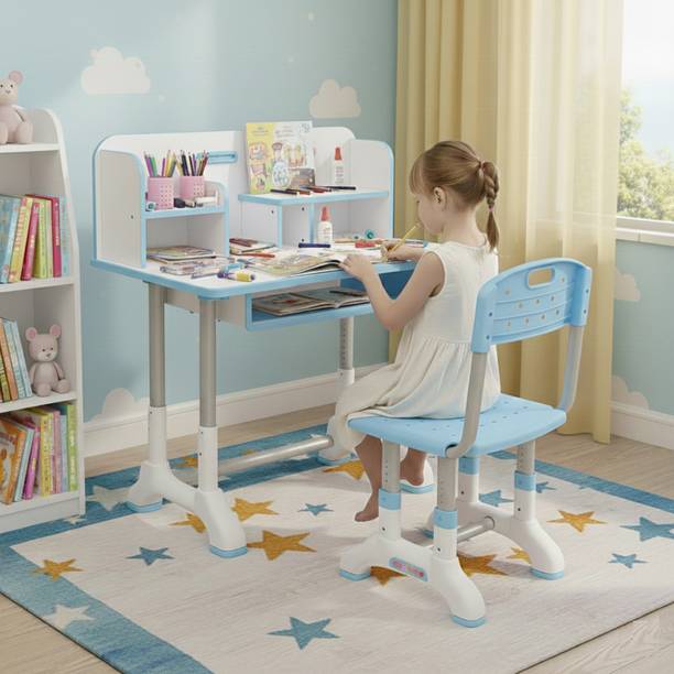 KriShyam ® Height Adjustable Kids Study Table & Chair Set with Bookshelf & Drawer Plastic Desk Chair