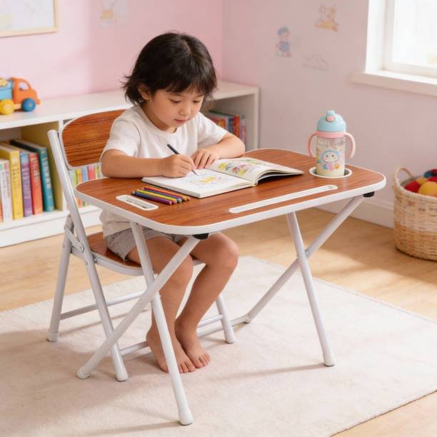 The Tickle Toe Foldable Study Table Chair Set Walnut Brown | Wood & Metal Kids Desk (2-5 Years) Metal Desk Chair