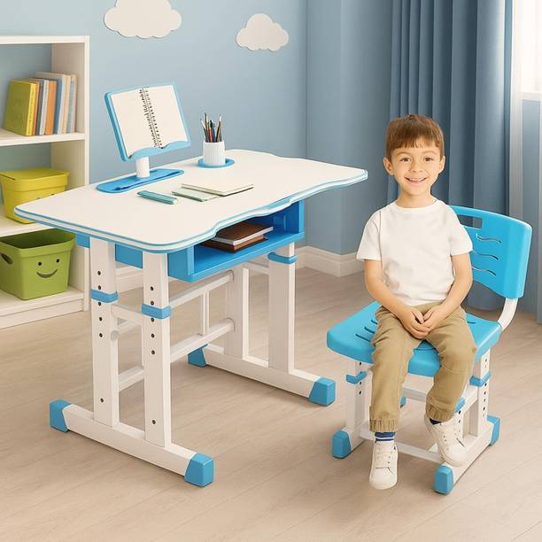CAREOPETA Kids table chair set Desktop Study table with book storage for toddlers(Blue) Solid Wood Desk Chair