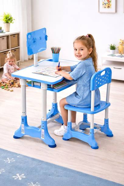 LADDOO Adjustable Kids Study Table & Chair Set with Book Stand & Storage – Blue Plastic Desk Chair
