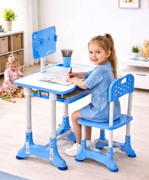 TOBY Kids Height Adjustable Study Table with Chair & Book Stand (Pink & White) Plastic Desk Chair