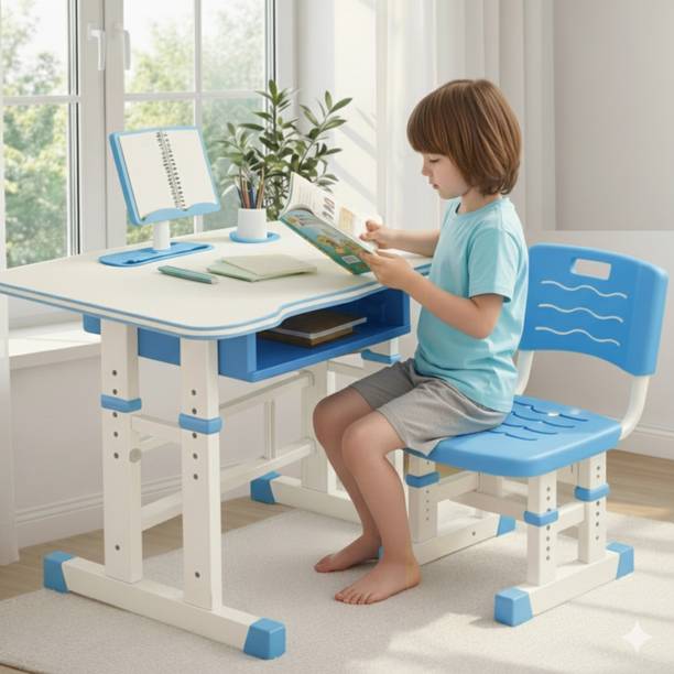 मेट्रेनो Height Adjustable Kids Study Tables with Chair set for Home with Storage Cabinet सॉलिड वुड स्टडी टेबल