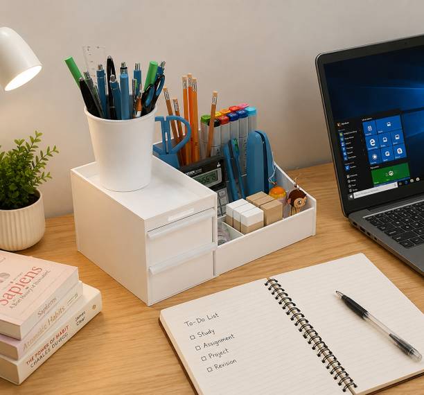 AK10ZONE Desk Organizer with 2 Drawers, Pen Holder & Multi-Compartment Storage Box Plastic Study Table
