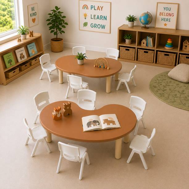 Ehomekart Moon Shape Kids Table Set of 2 | 118.8x65x42 cm Activity Table for Children Plastic Study Table