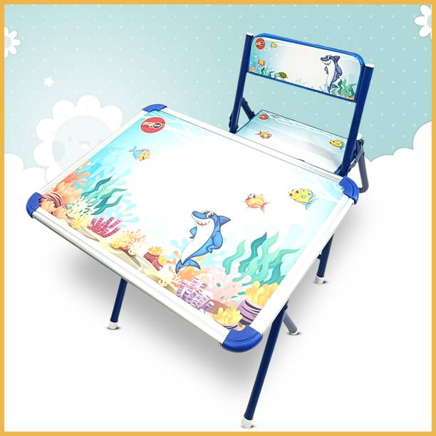 Planet of Toys Marine-Themed Kids Study Table & Chair Set Cartoon Shark & Ocean Design Foldable Solid Wood Study Table