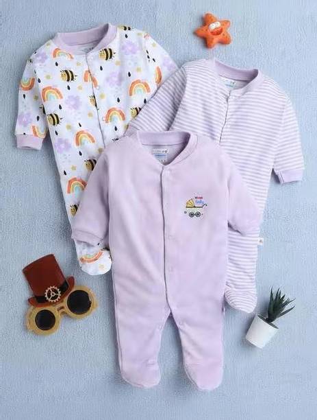 Romper For Baby Boys & Baby Girls Casual Printed, Solid, Striped Cotton Blend
