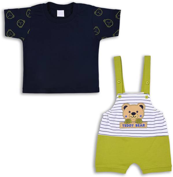 Wishkaro Dungaree For Baby Boys Casual Striped, Applique Cotton Blend