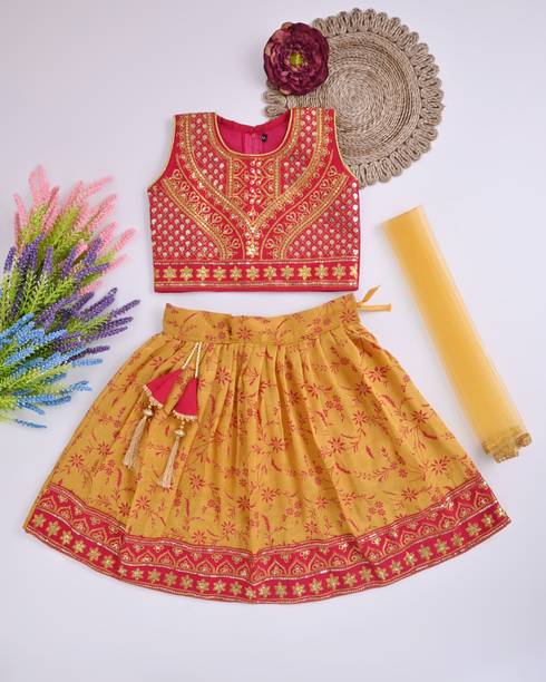 MK LASKAR FASHION Baby Girls Lehenga Choli Ethnic Wear Embroidered Lehenga, Choli and Dupatta Set
