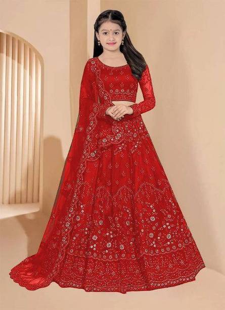 Dfasion Girls Lehenga Choli Ethnic Wear Embroidered Lehenga, Choli and Dupatta Set