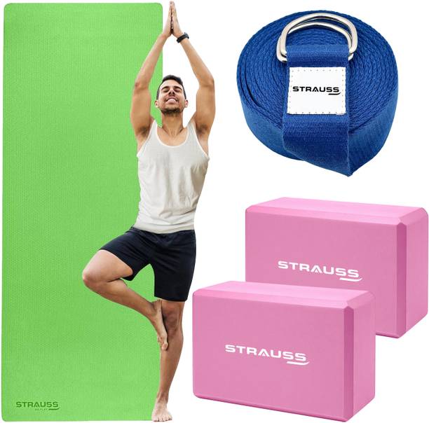 Strauss Yoga Combo Kit | 6mm Eva Yoga Mat with Yoga block Pair & Yoga Belt Yoga Kit